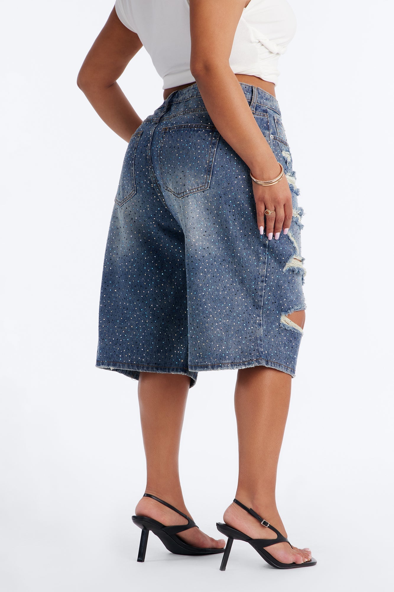 Moonlight Flicker Embellished Rhinestones Denim Jorts - Vintage Wash