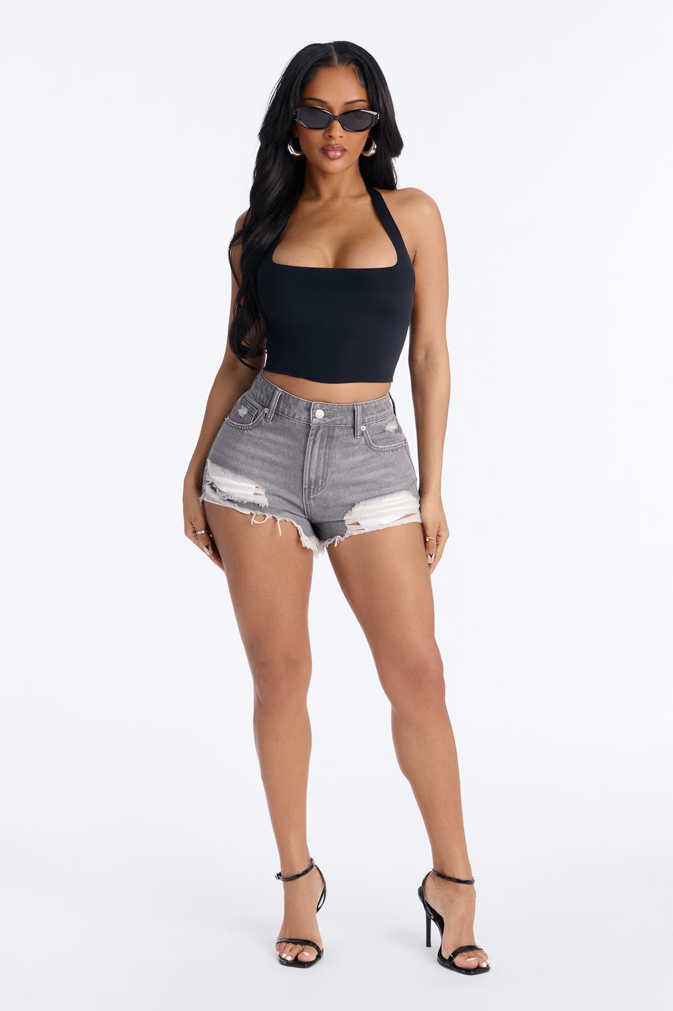 Summer Break Ripped Cut Off Denim Shorts - Grey