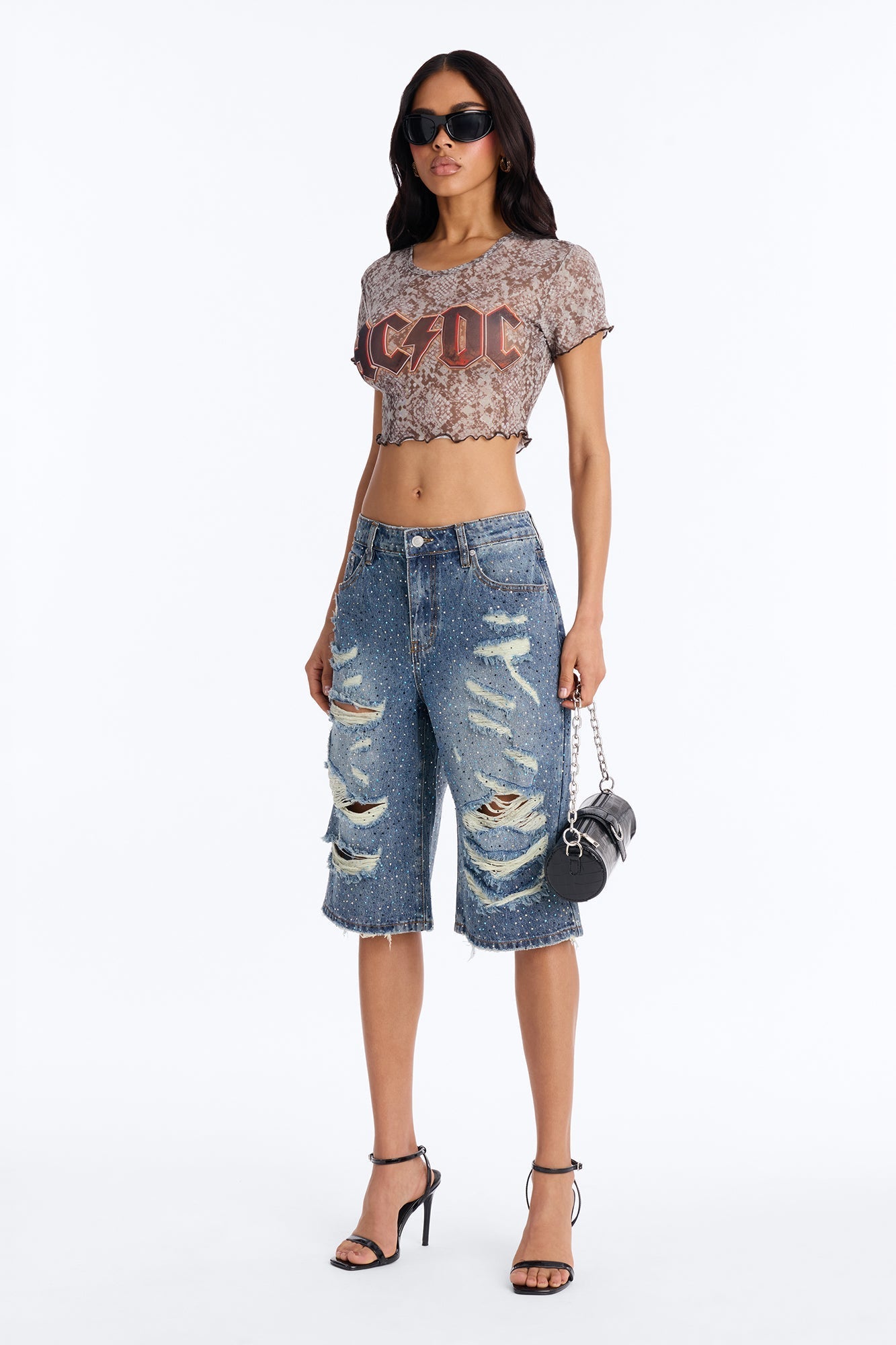 Moonlight Flicker Embellished Rhinestones Denim Jorts - Vintage Wash