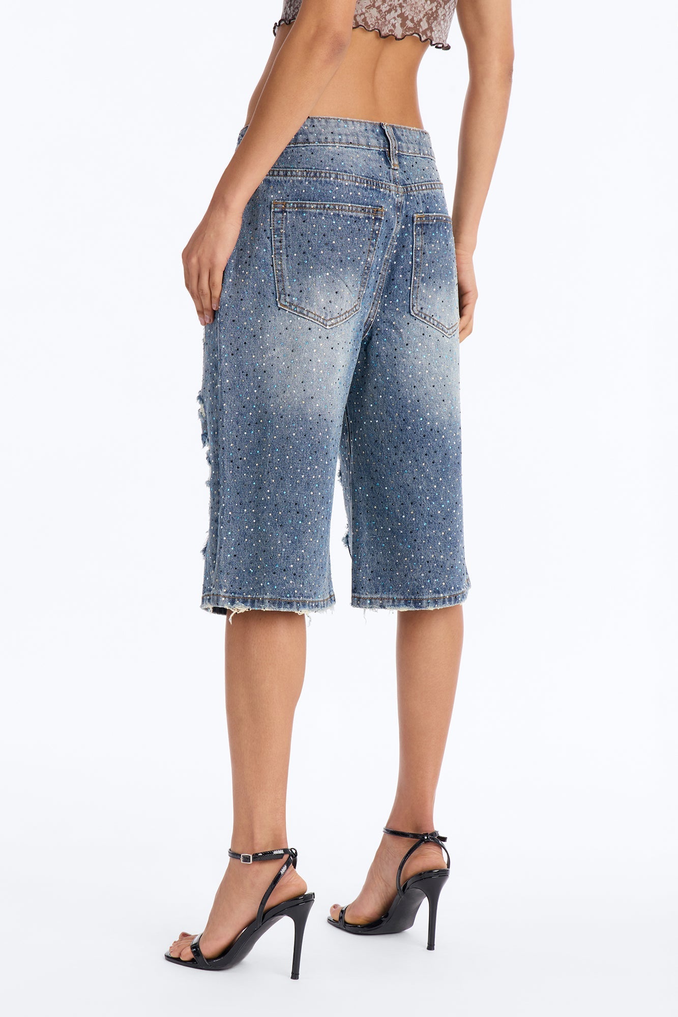 Moonlight Flicker Embellished Rhinestones Denim Jorts - Vintage Wash