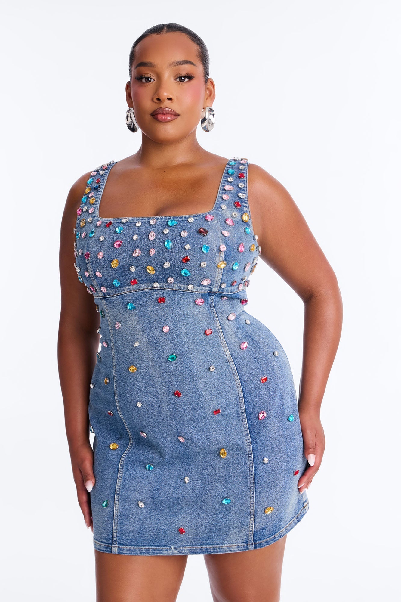 What A Gem Rhinestone Denim Mini Dress - Denim