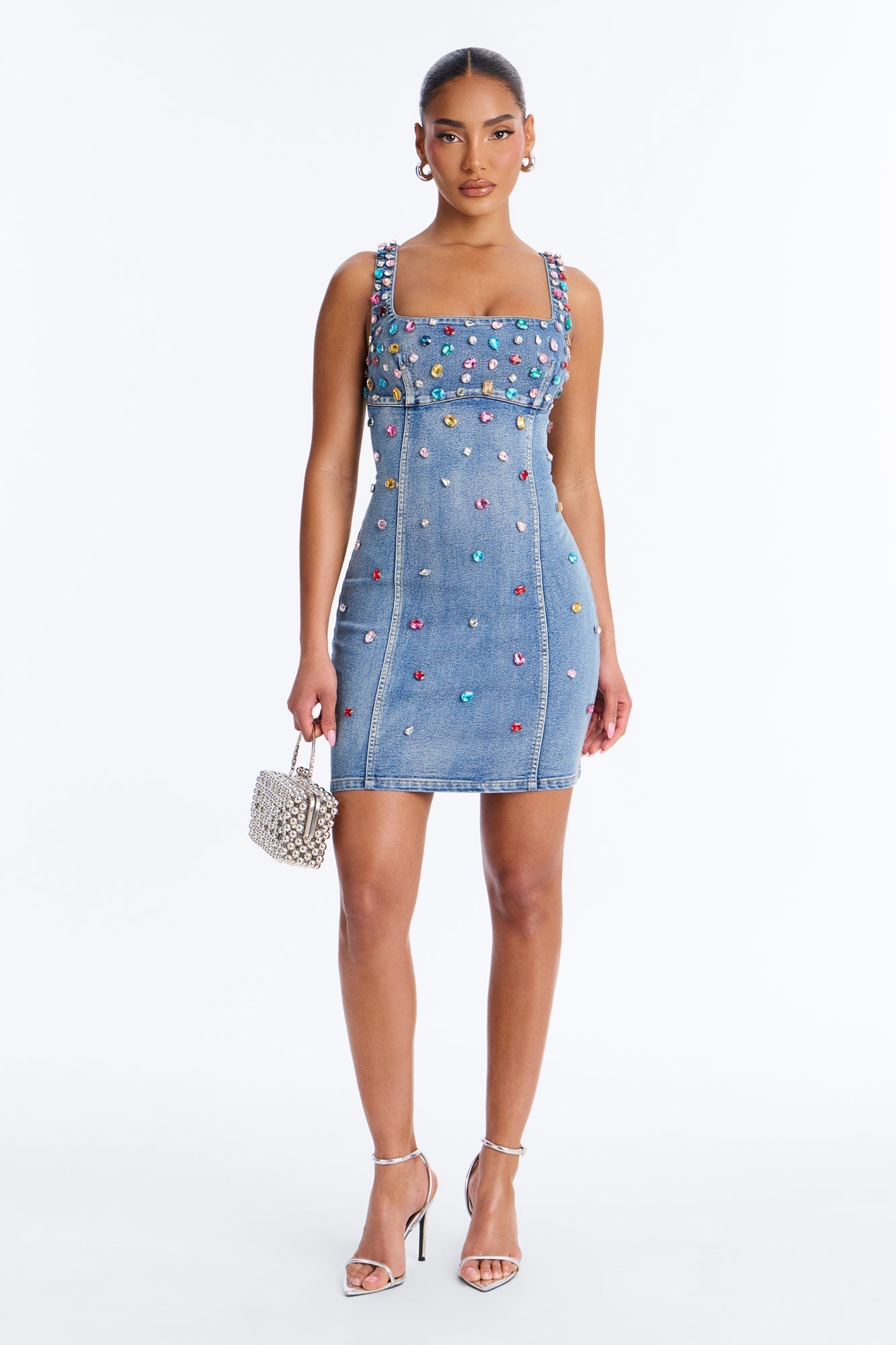 What A Gem Rhinestone Denim Mini Dress - Denim