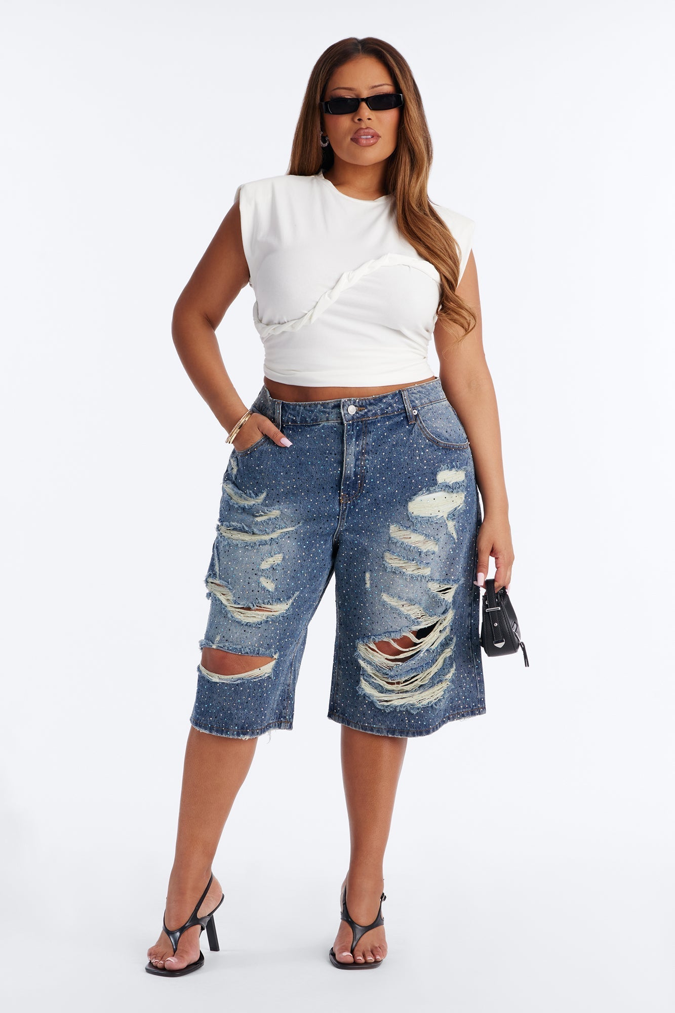 Moonlight Flicker Embellished Rhinestones Denim Jorts - Vintage Wash