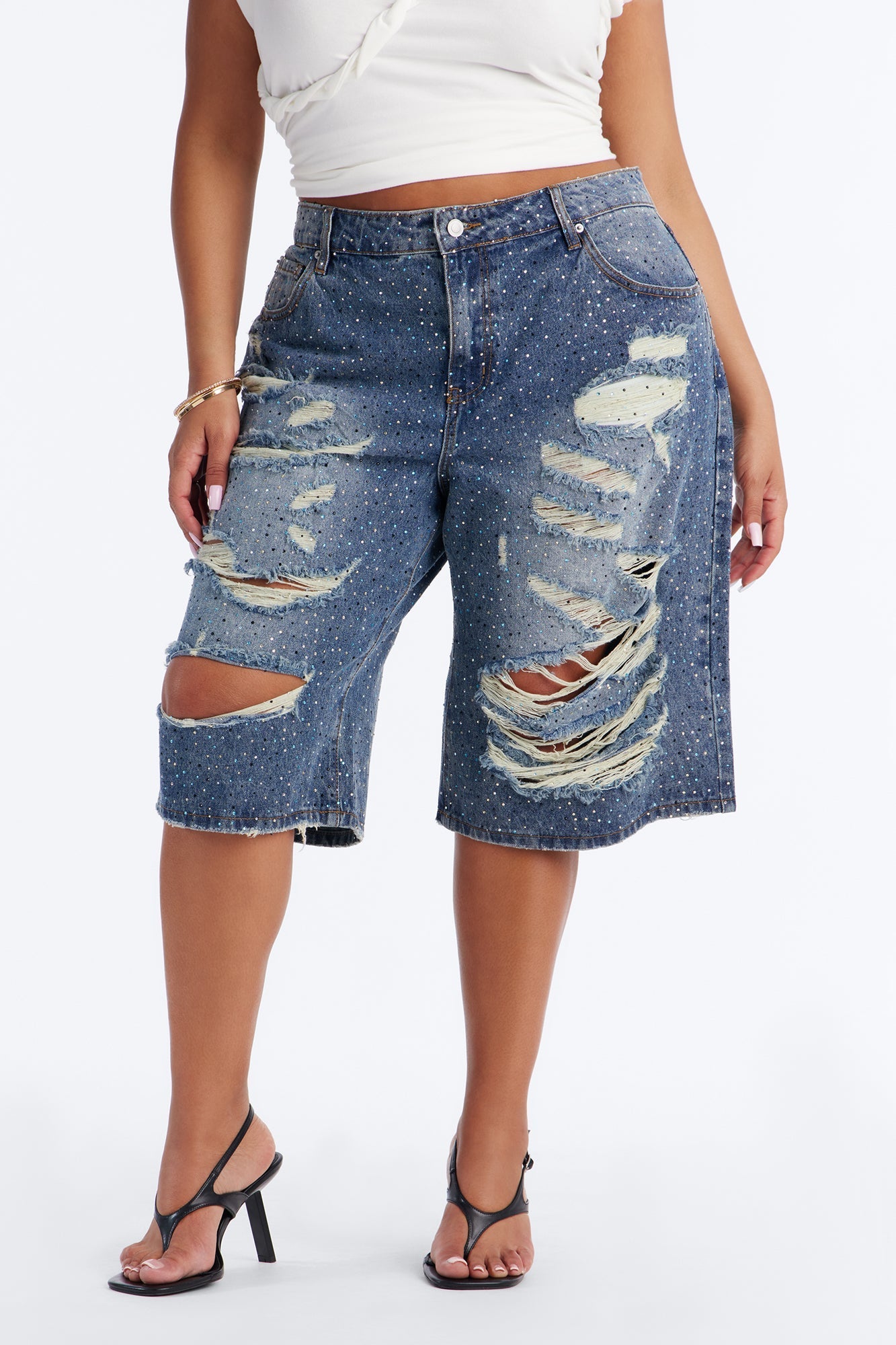 Moonlight Flicker Embellished Rhinestones Denim Jorts - Vintage Wash