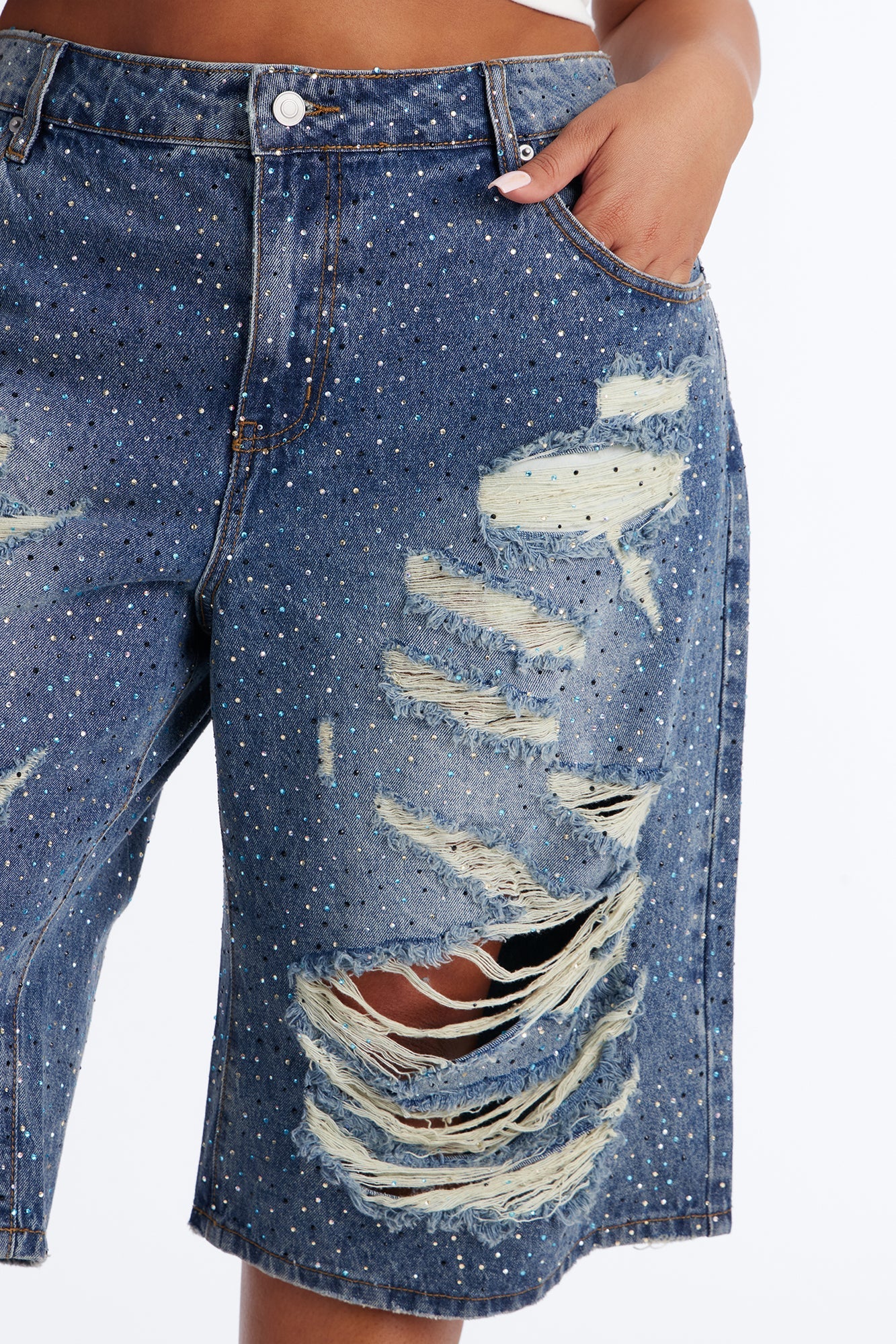 Moonlight Flicker Embellished Rhinestones Denim Jorts - Vintage Wash