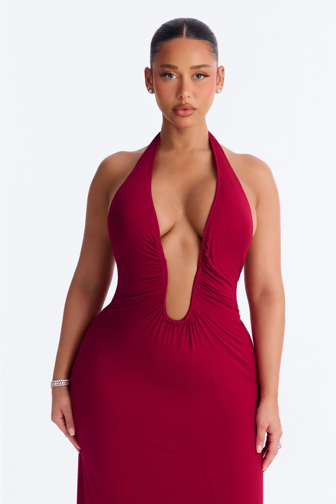 Charlotte Halter Plunge Maxi Dress - Burgundy