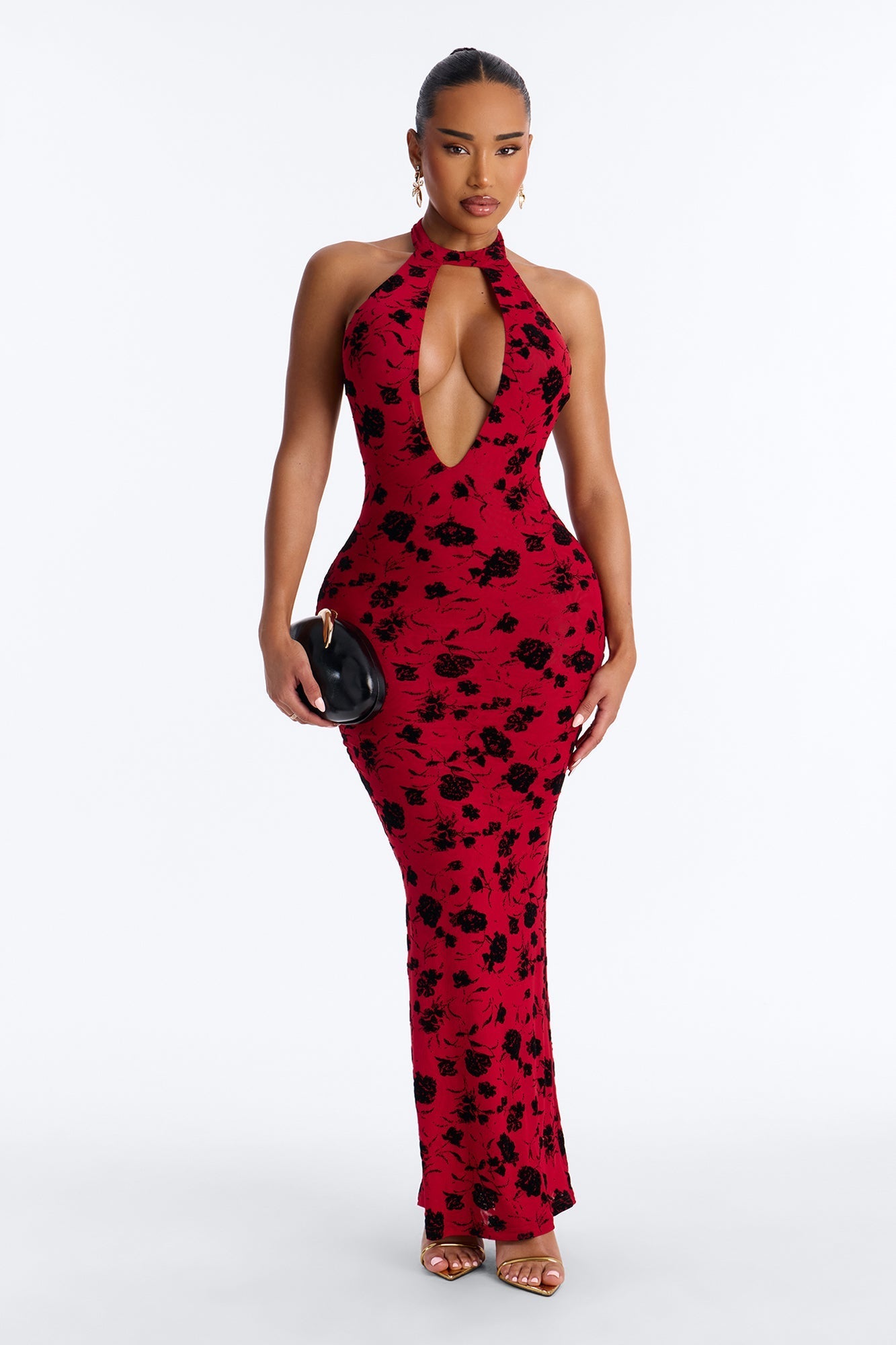 Hollywood Cut Out Flocked Maxi Dress - Red/combo