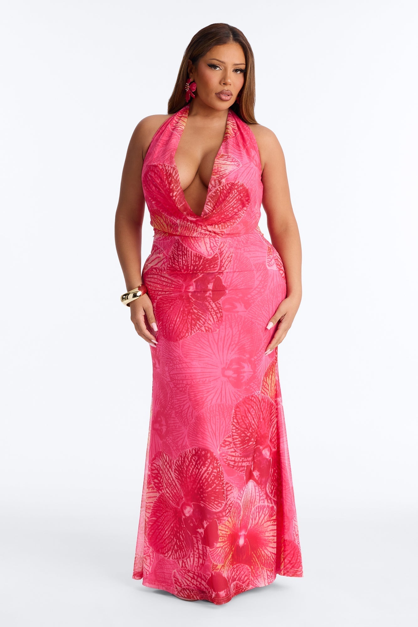 Tropic Muse Halter Mesh Maxi Dress - Pink/combo