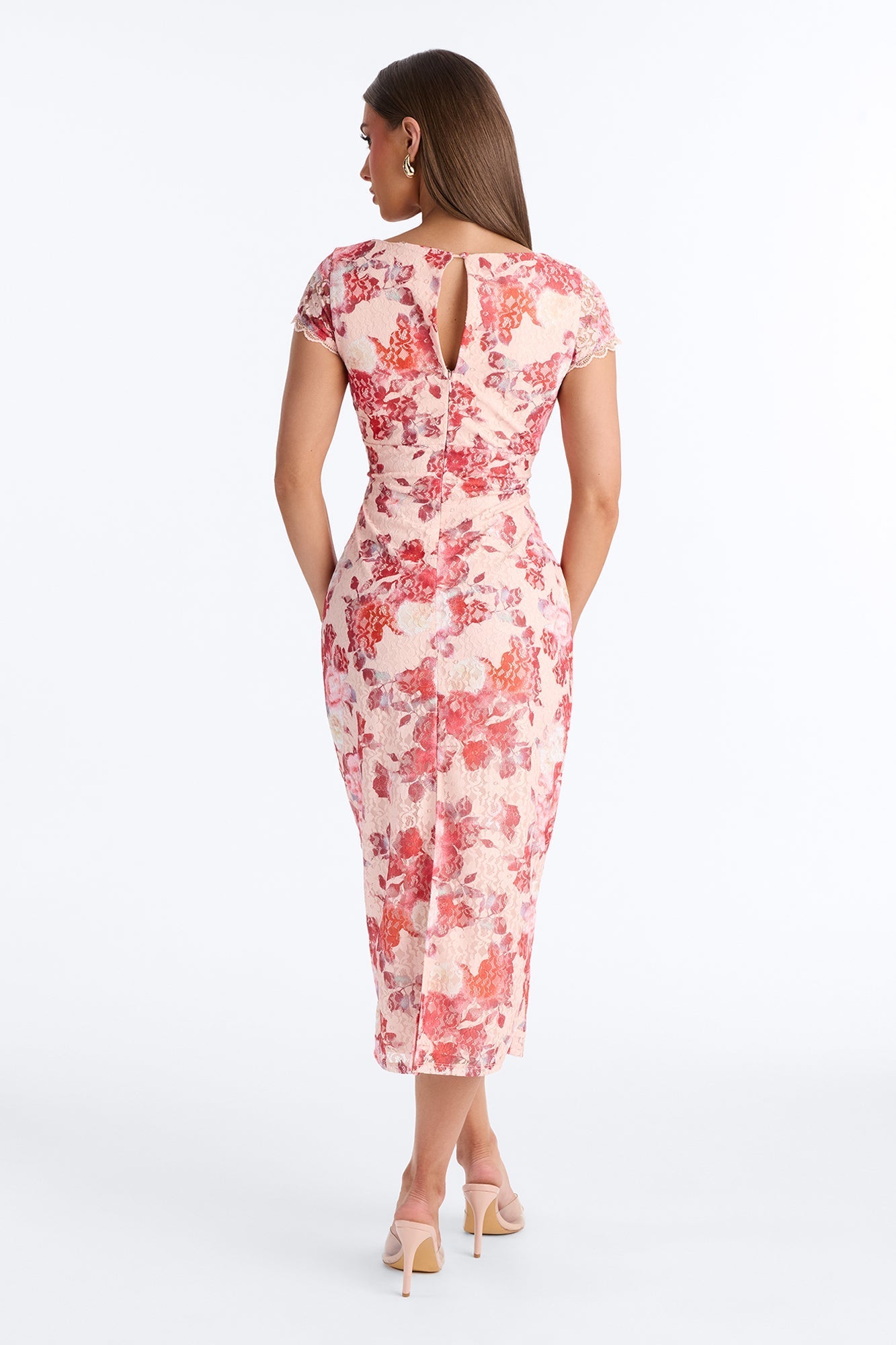Charlotte Floral Lace Midi Dress - Red/combo