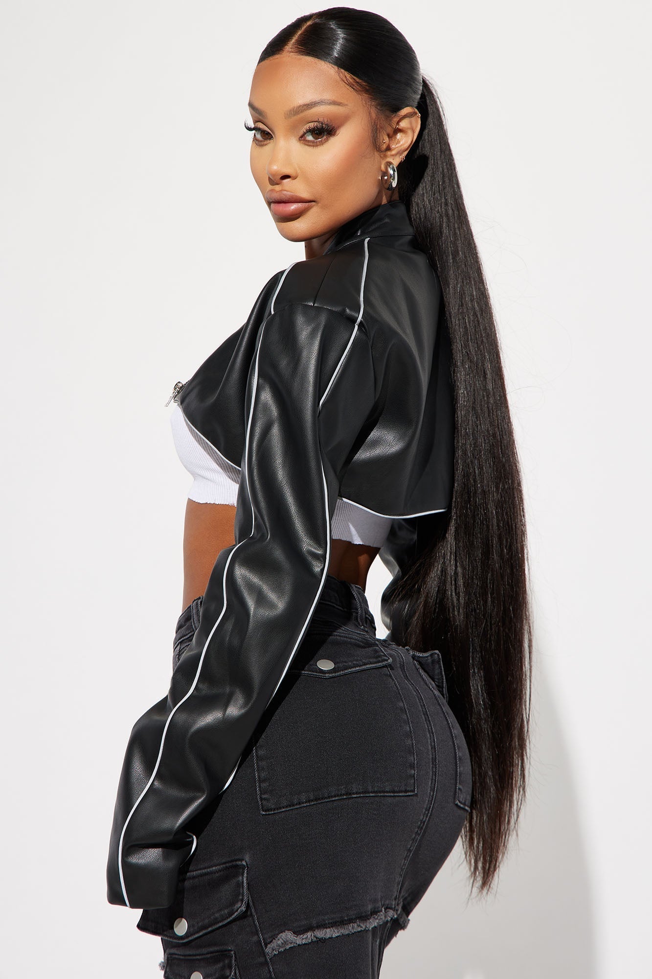 Jessie Faux Leather Cropped Bolero Jacket - Black