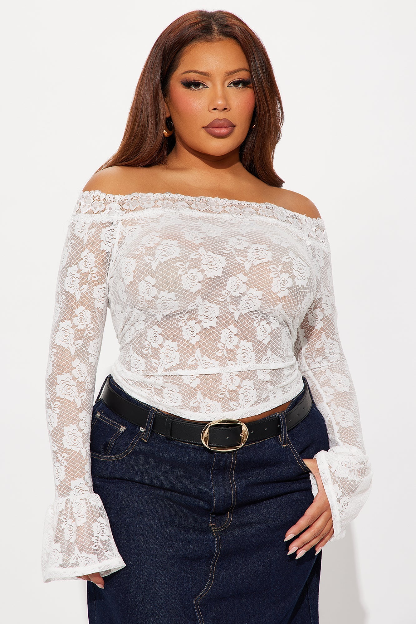 Sonia Off Shoulder Long Sleeve Lace Top - Off White