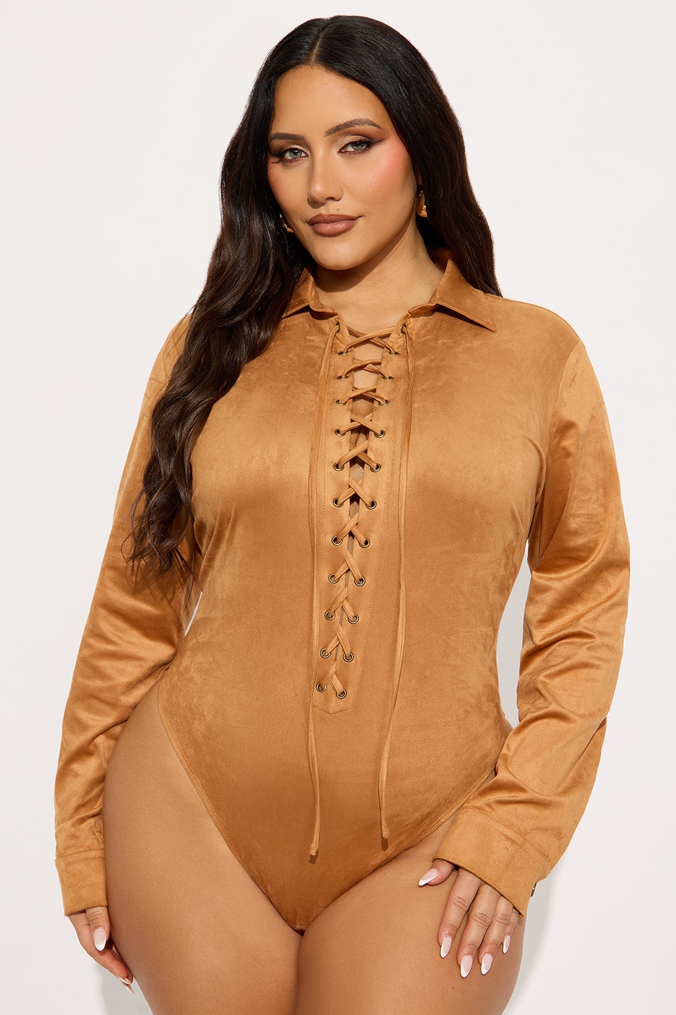 River Long Sleeve Lace Up Bodysuit - Camel