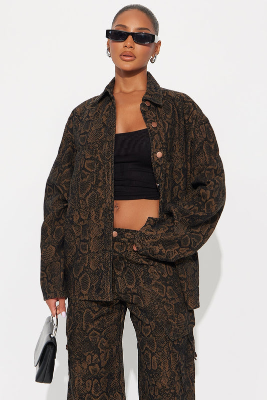 Bite Back Boyfriend Denim Shacket - Brown/combo