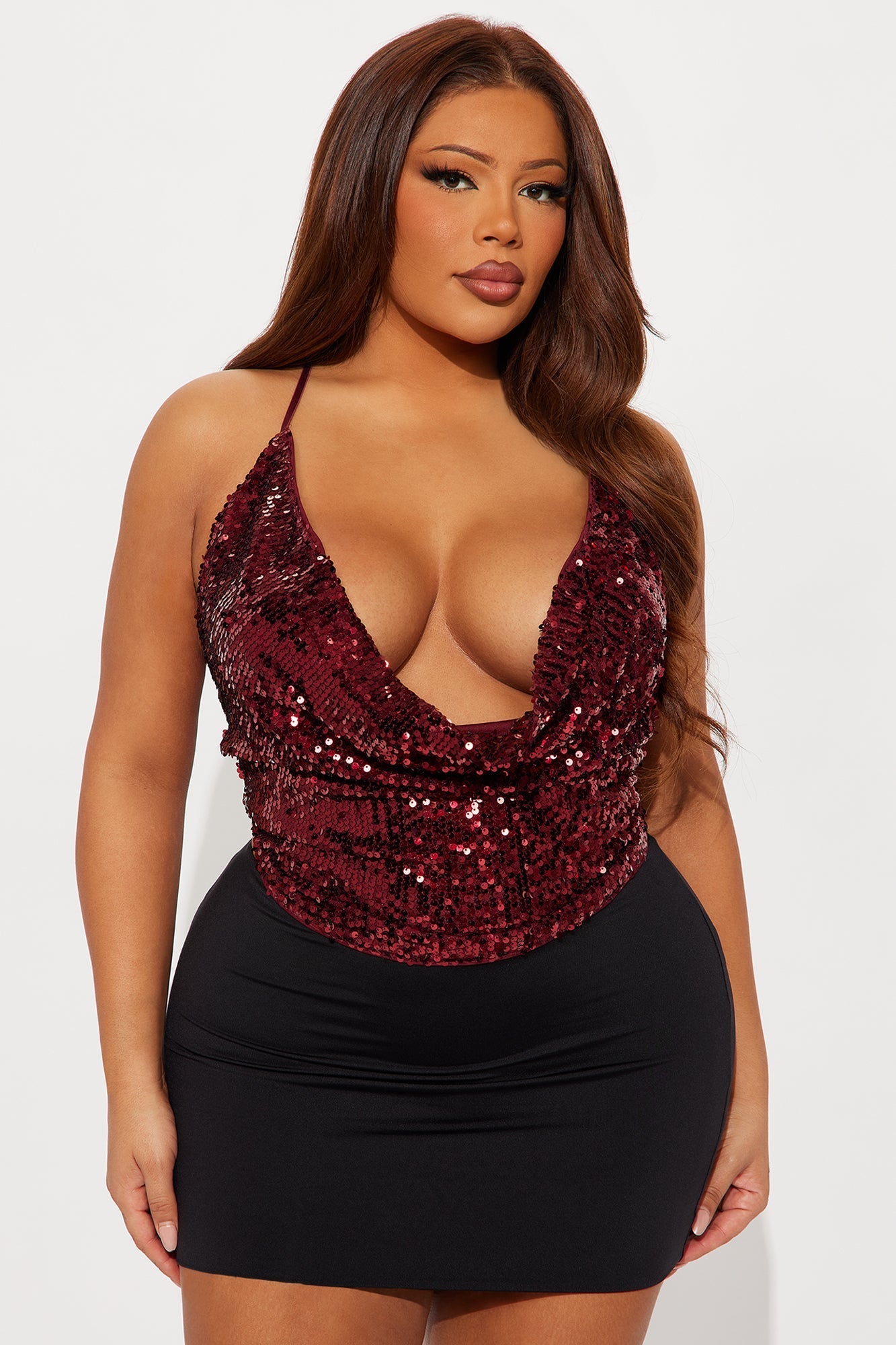 Maxine Sequin One Shoulder Cowl Neck Top - Burgundy