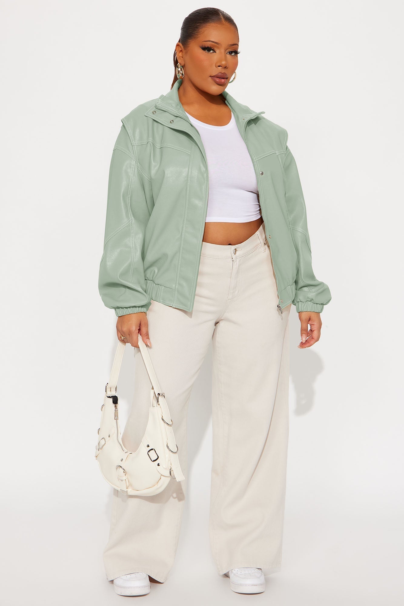Stella Faux Leather Bomber Jacket - Sage