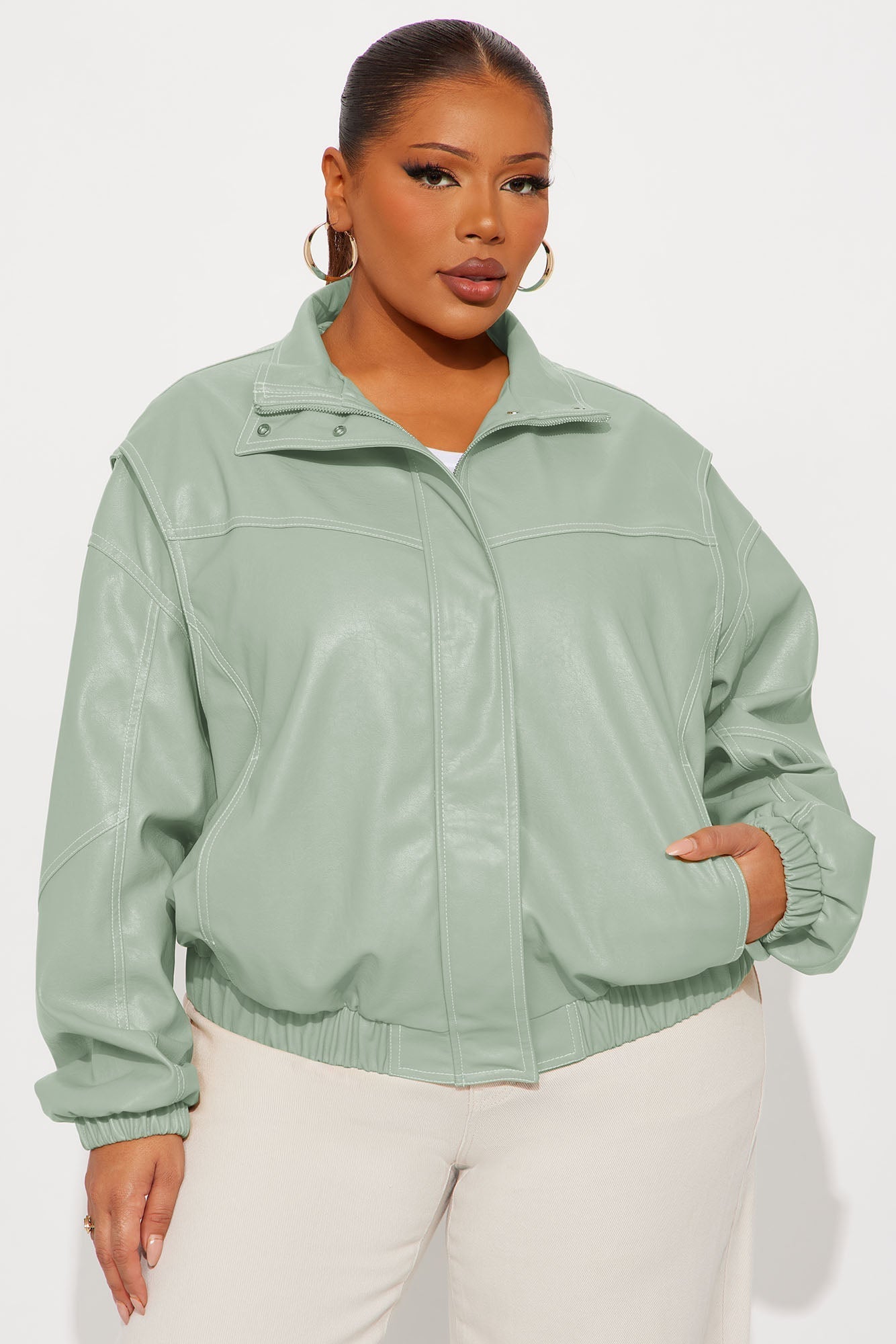 Stella Faux Leather Bomber Jacket - Sage