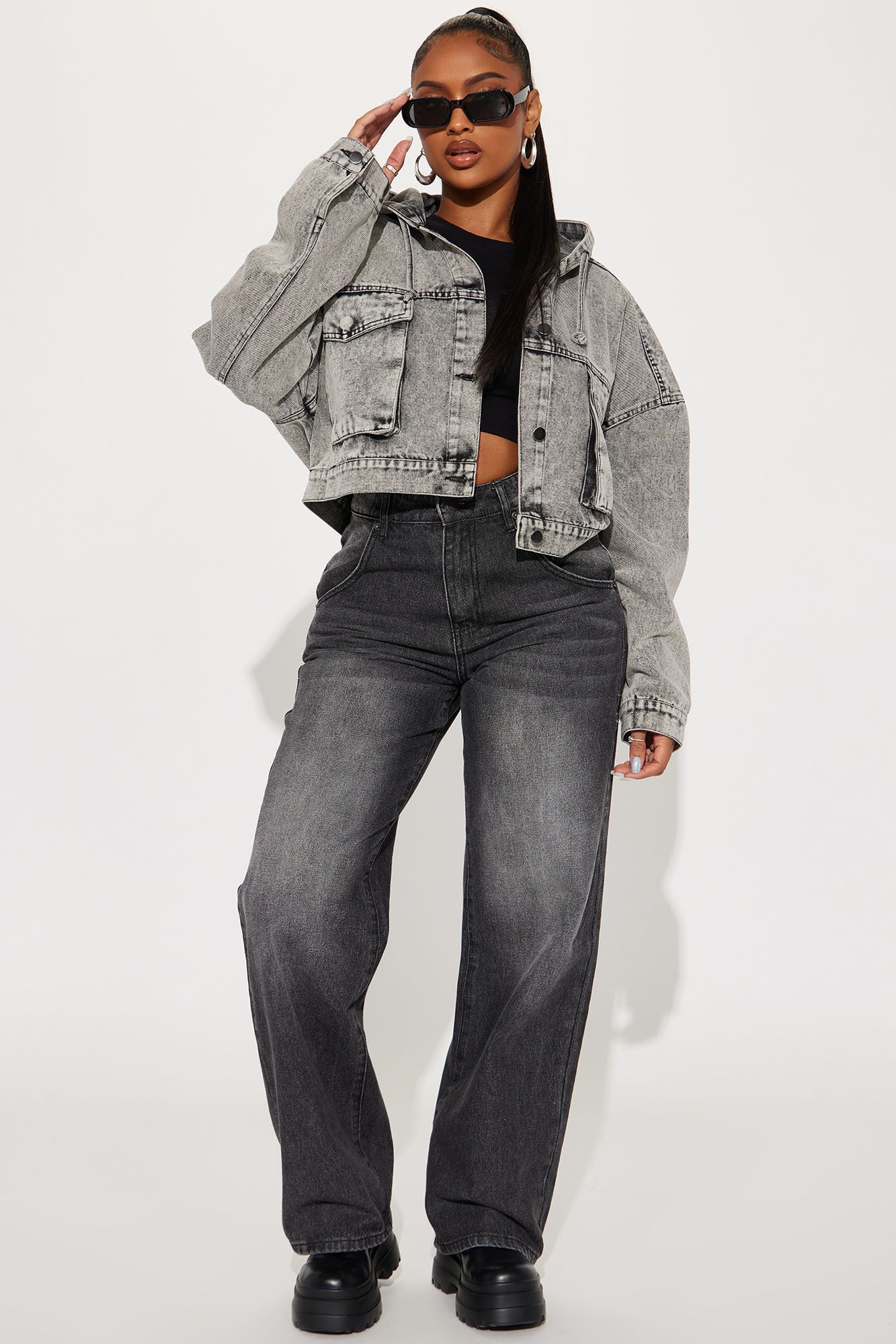 No Explanation Hooded Denim Jacket - Acid Wash Grey