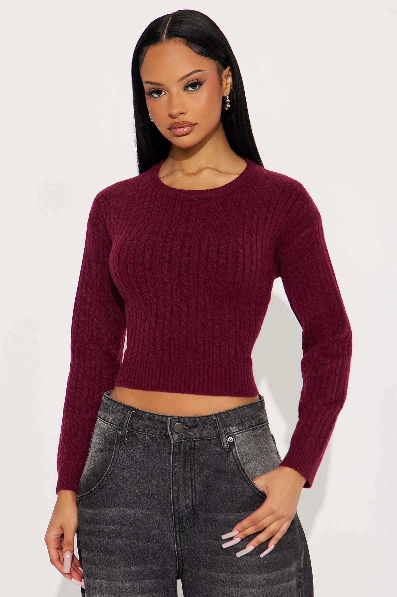 Chillin' It Cable Knit Sweater - Burgundy