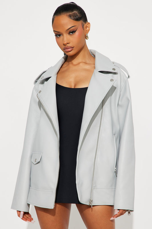 Phoebe Oversized Faux Leather Moto Jacket - Light Grey