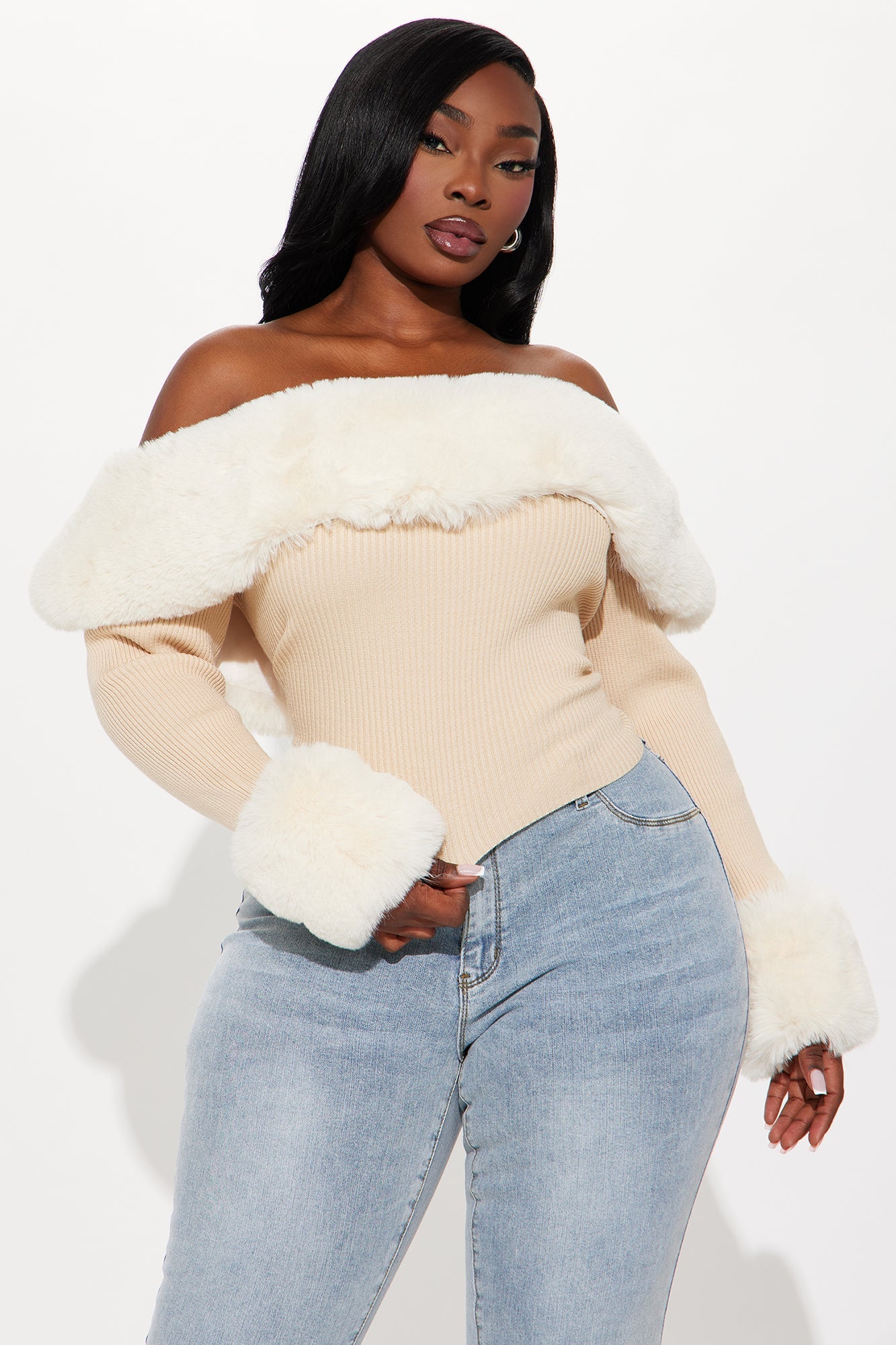 Snow Bunny Faux Fur Sweater - Taupe/combo