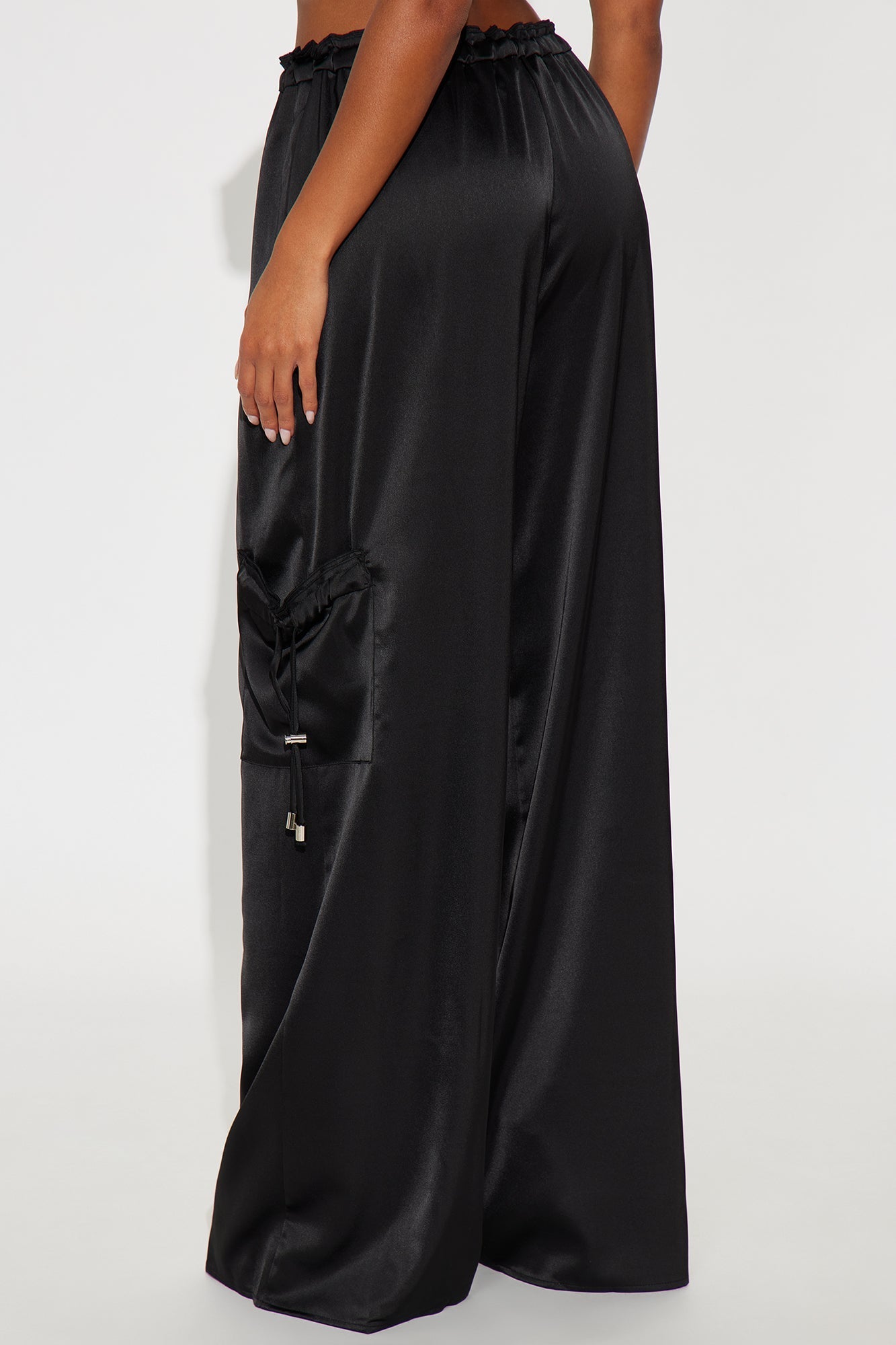Brielle Satin Wide Leg Cargo Pant 33″ - Black