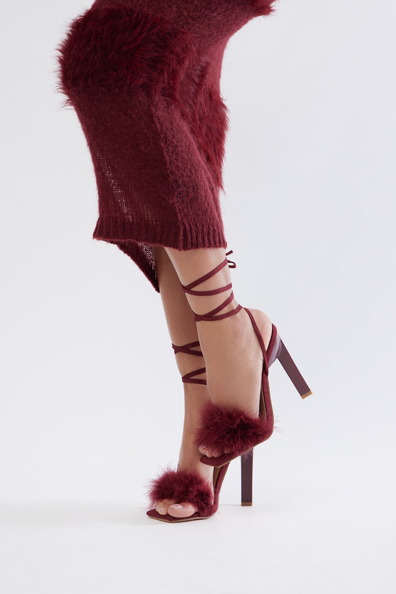 Aubrie Feather Wrap Up Heels - Burgundy