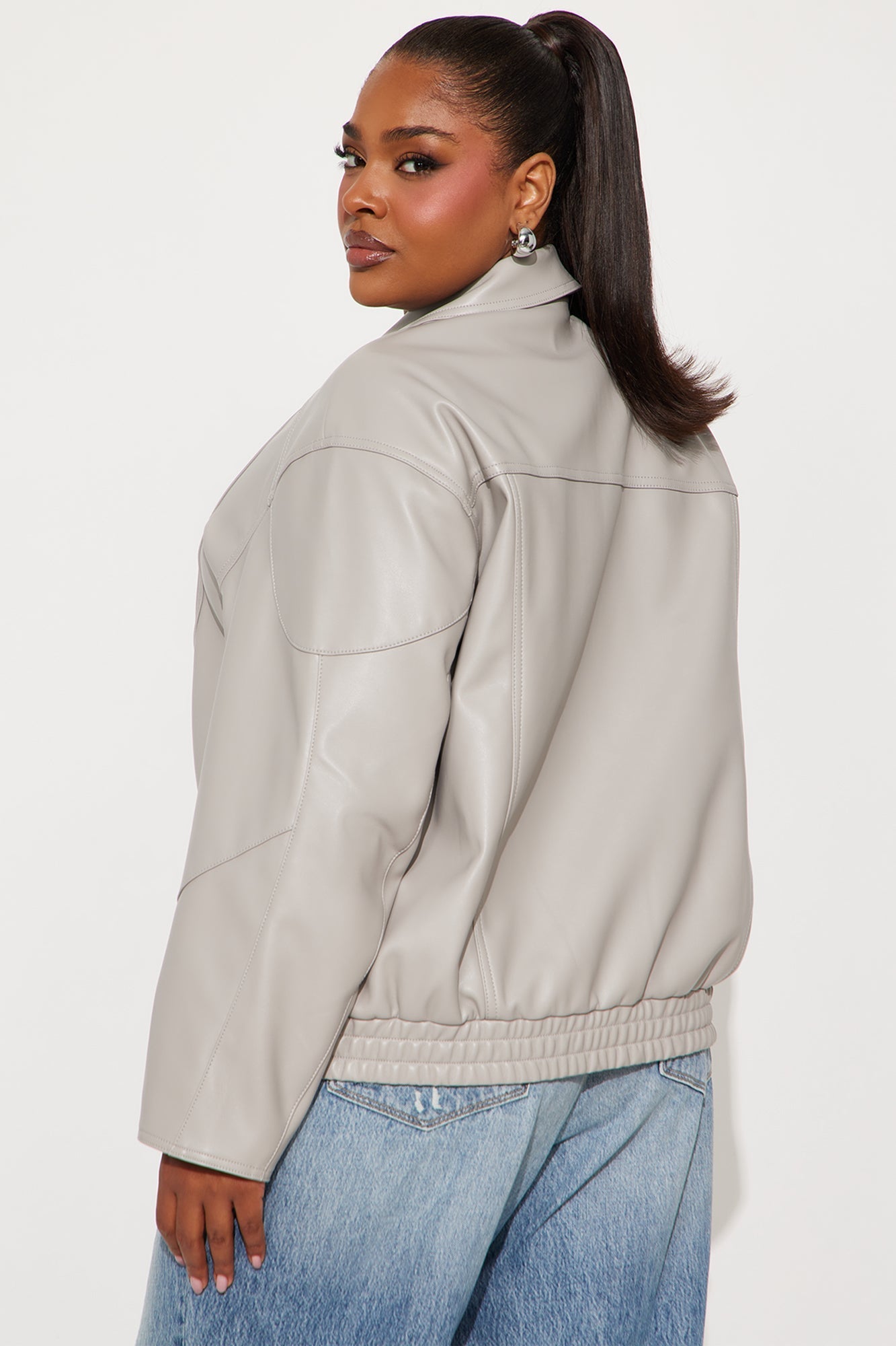More To Come Faux Leather Bomber Jacket - Light Grey