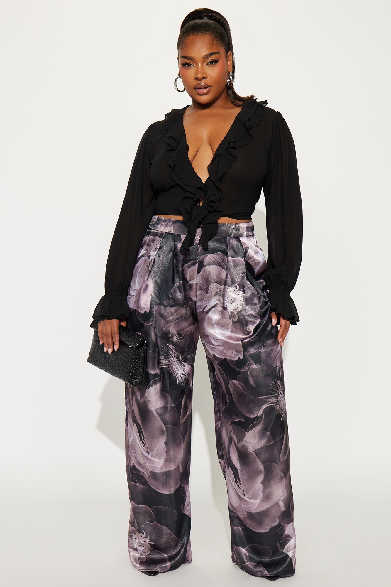 Talia Satin Floral Wide Leg Pant 33 - Grey/combo