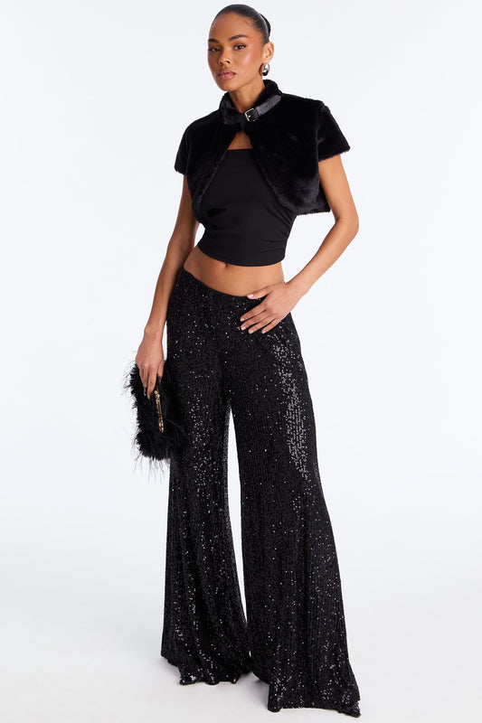 Champagne Wishes Sequin Wide Leg Pant 32″ - Black