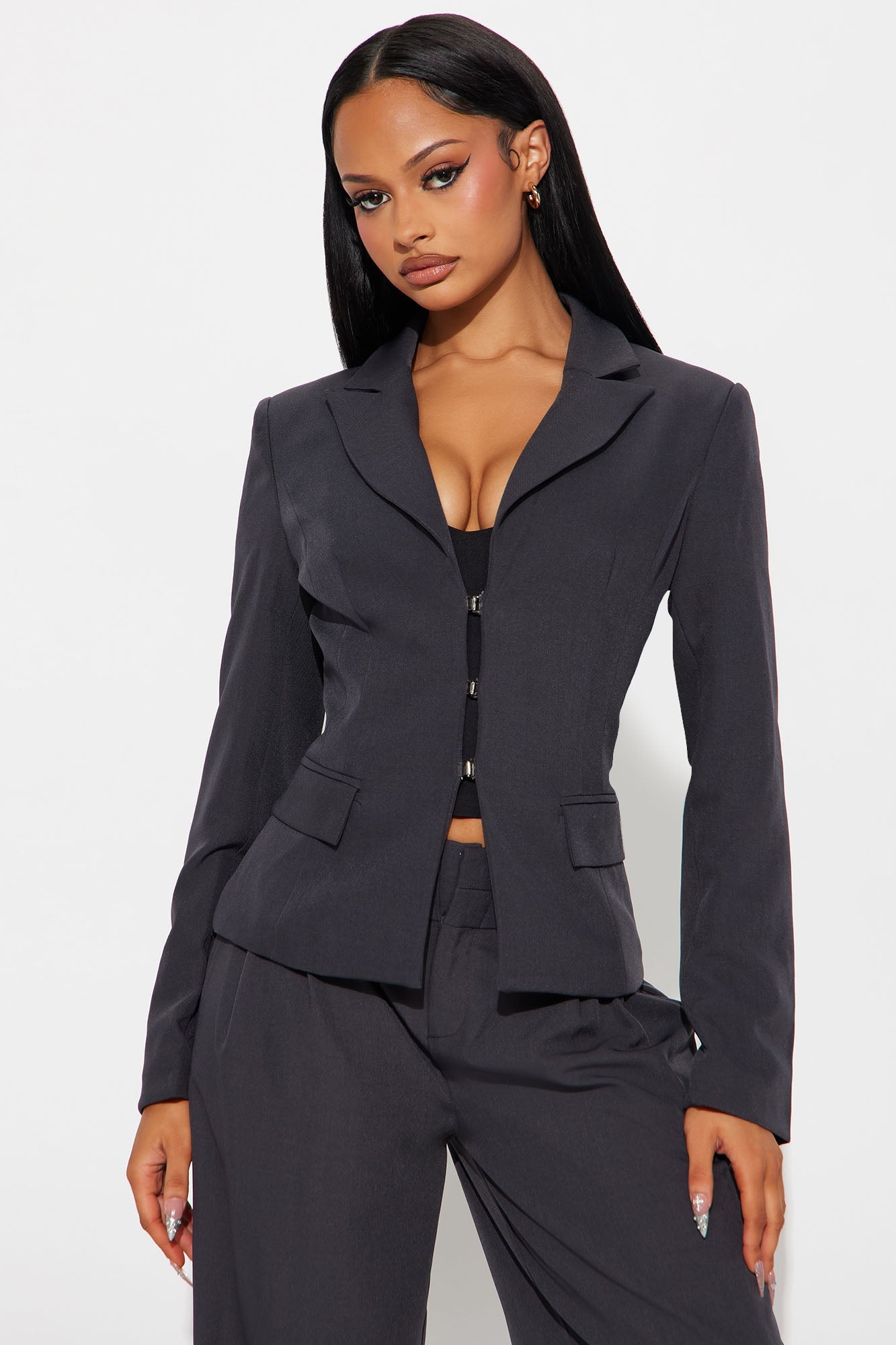 Power Pose Lace Up Fitted Blazer - Charcoal