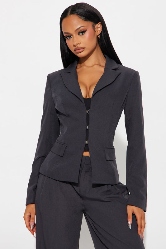 Power Pose Lace Up Fitted Blazer - Charcoal