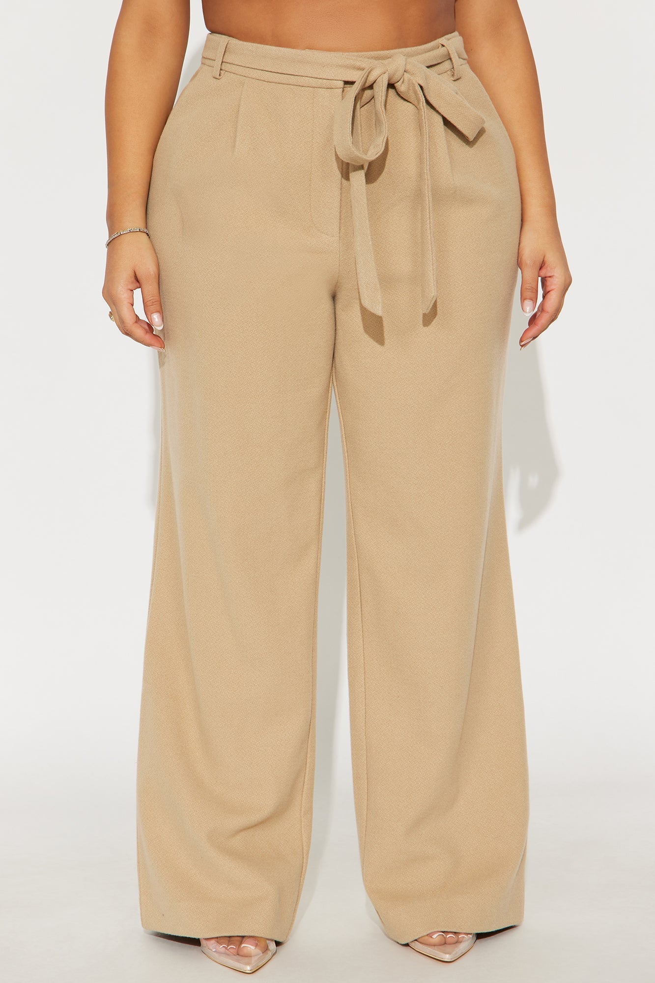 News Briefing Boucle Belted Wide Leg Pant 32″ - Taupe