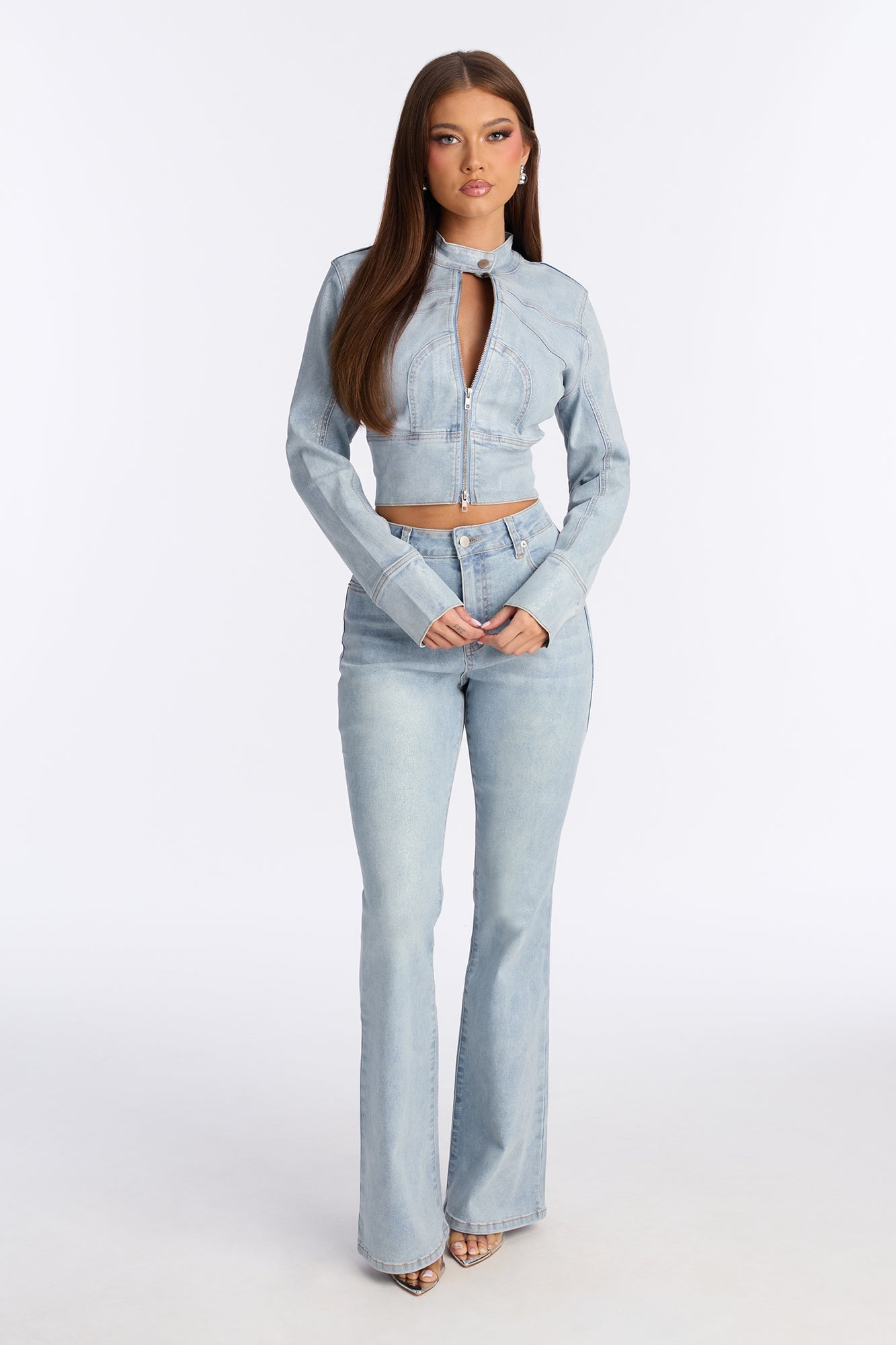 Gemma Glitter Foil Denim Moto Jacket - Light Wash