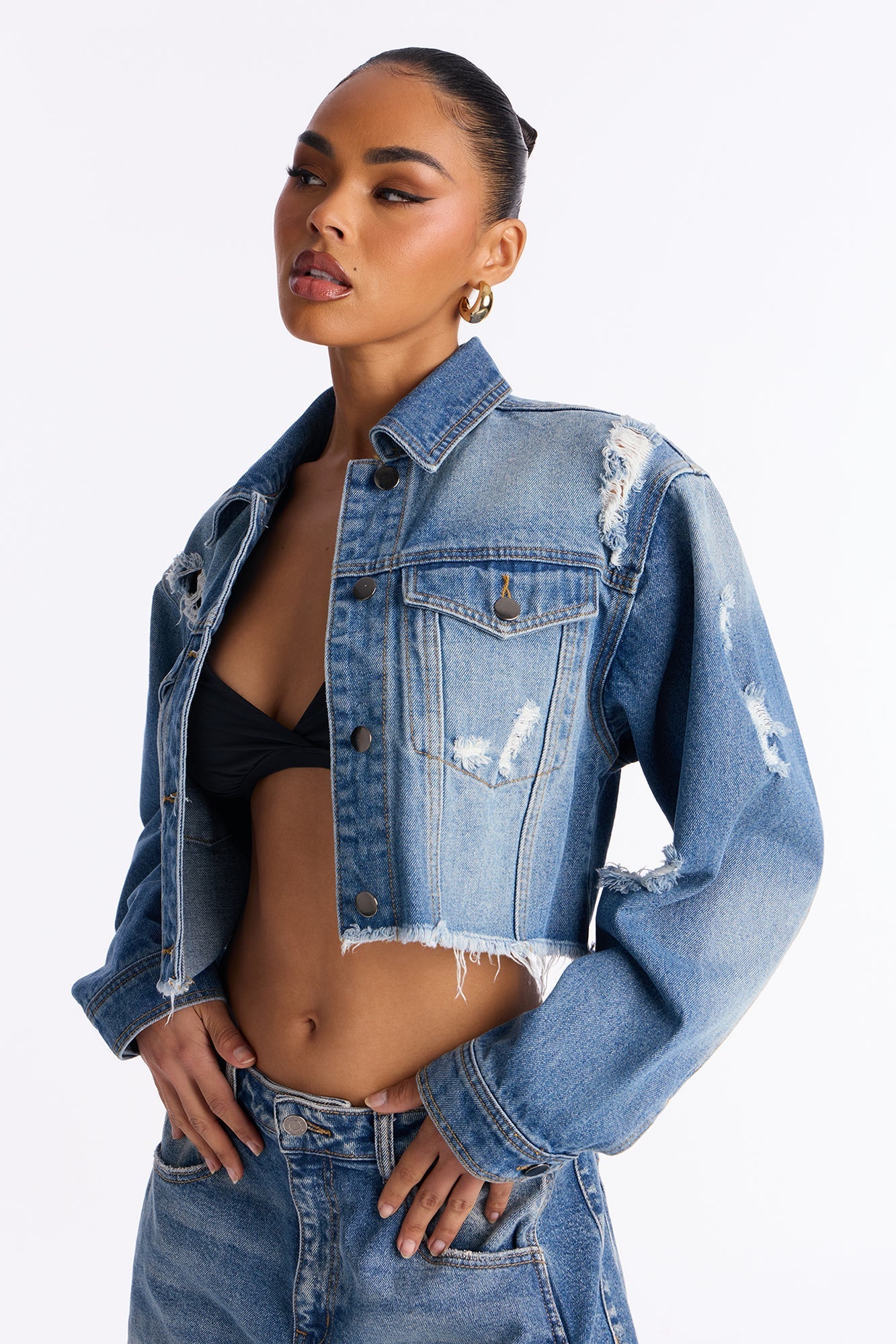 Well Loved Ripped Denim Jacket - Medium Wash