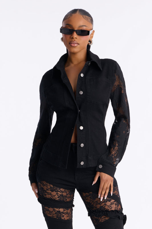Dreamcatcher Lace Stretch Denim Jacket - Black