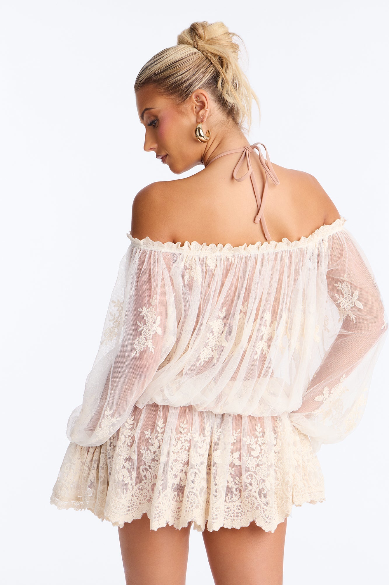 Blossom Mesh Embroidery Long Sleeve Mini Dress - Cream