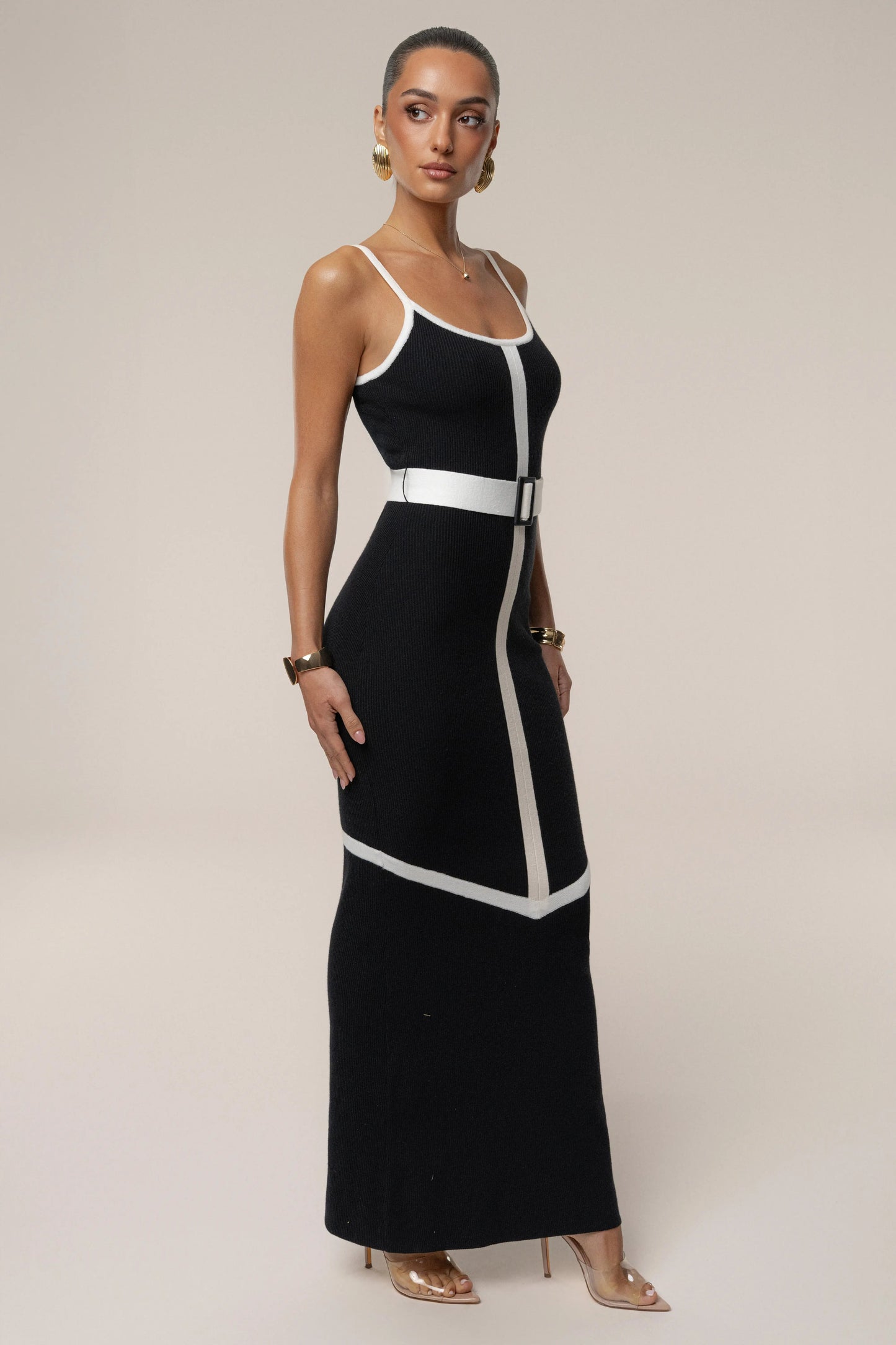 Black/Ivory Belted Cami Maxi Dress